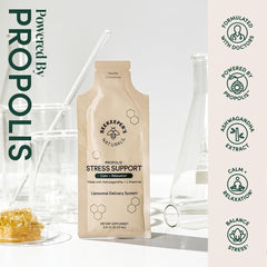 Beekeeper's Naturals Propolis-Ashwagandha-L-Theanine capsules showing immune-friendly stress support.