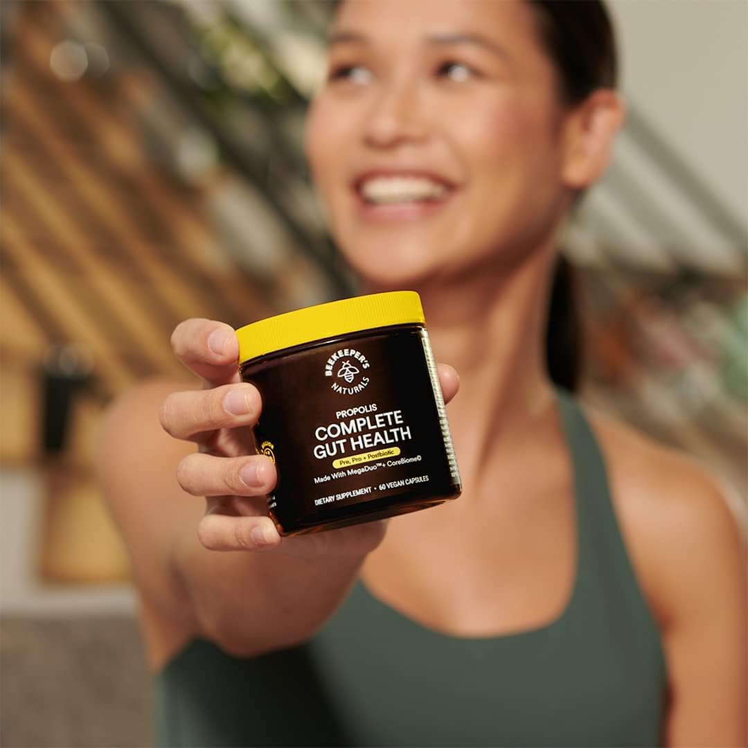 Beekeeper's Naturals Complete Gut Health packaging on kitchen shelf.