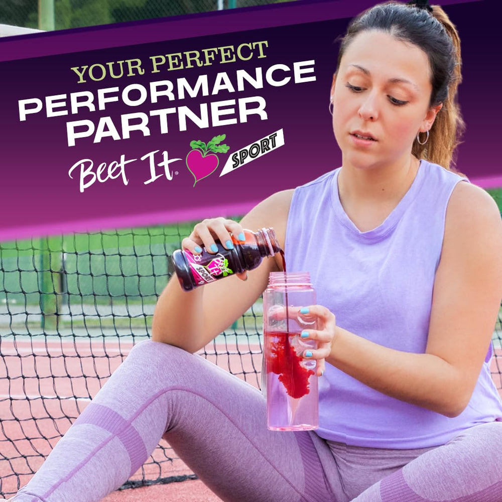 BEET IT Sport Pro-Elite Shot on gym bag emphasizes on-the-go nitrate boost.