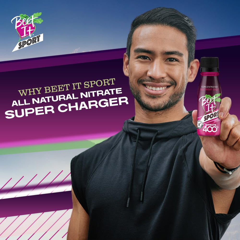 BEET IT Sport Pro-Elite Shot pour action demonstrates easy pre-workout use for quick energy.