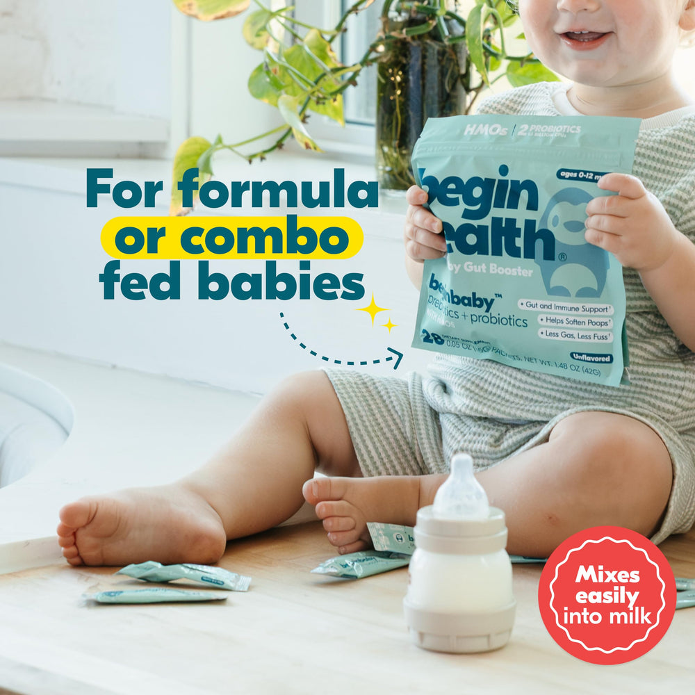 Begin Health BeginBaby dosing illustration showing half packet for younger infants.