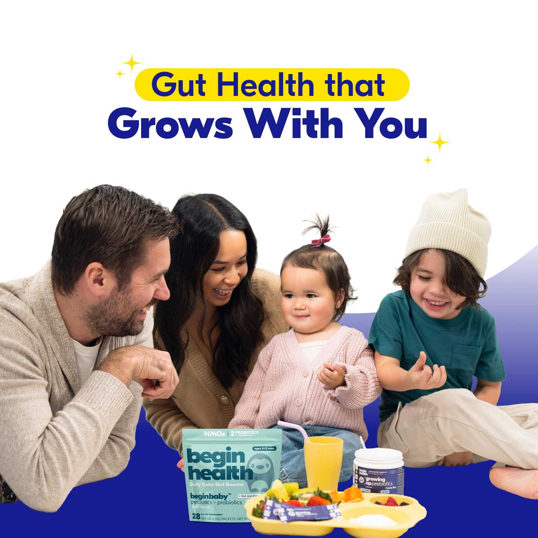Begin Health Growing Up Prebiotics allergen-safe label; gluten-free and soy-free
