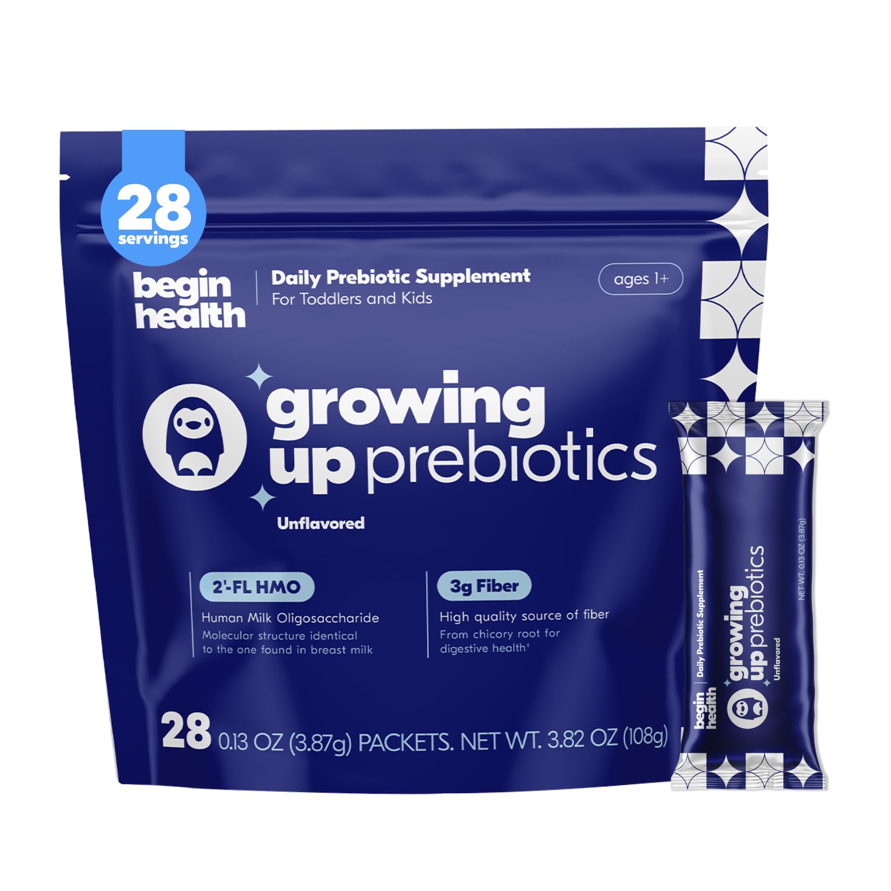 Begin Health Growing Up Prebiotics box closeup showing the 28-pack collection for kids.