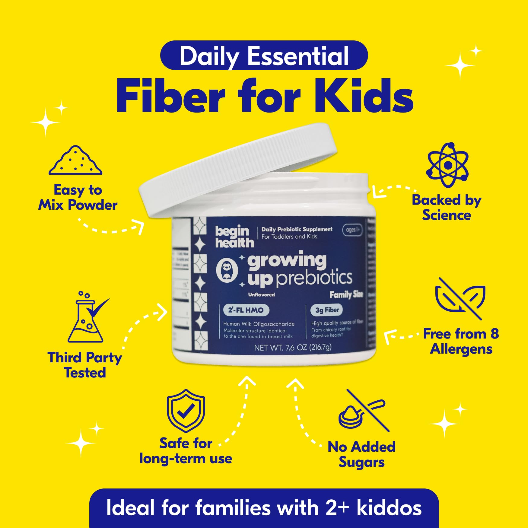 Begin Health Growing Up Prebiotics mix into drinks; supports gentle daily gut routine