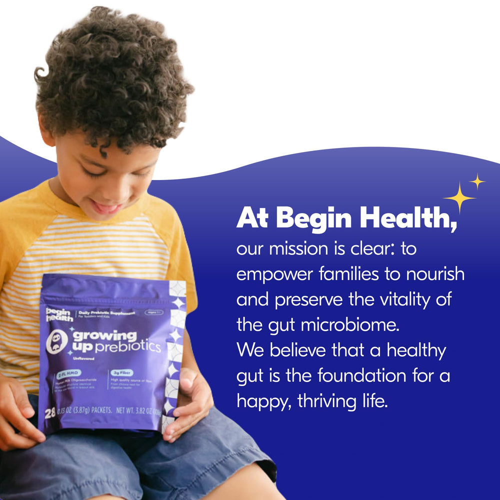 Begin Health Growing Up Prebiotics pediatrician-approved formula for daily use.