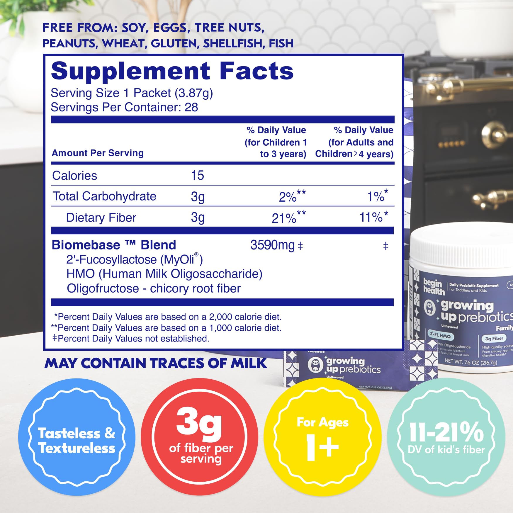 Begin Health Growing Up Prebiotics powder being poured into water; invisible texture