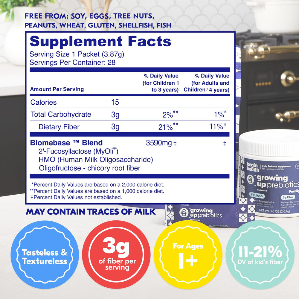 Begin Health Growing Up Prebiotics powder being poured into water; invisible texture