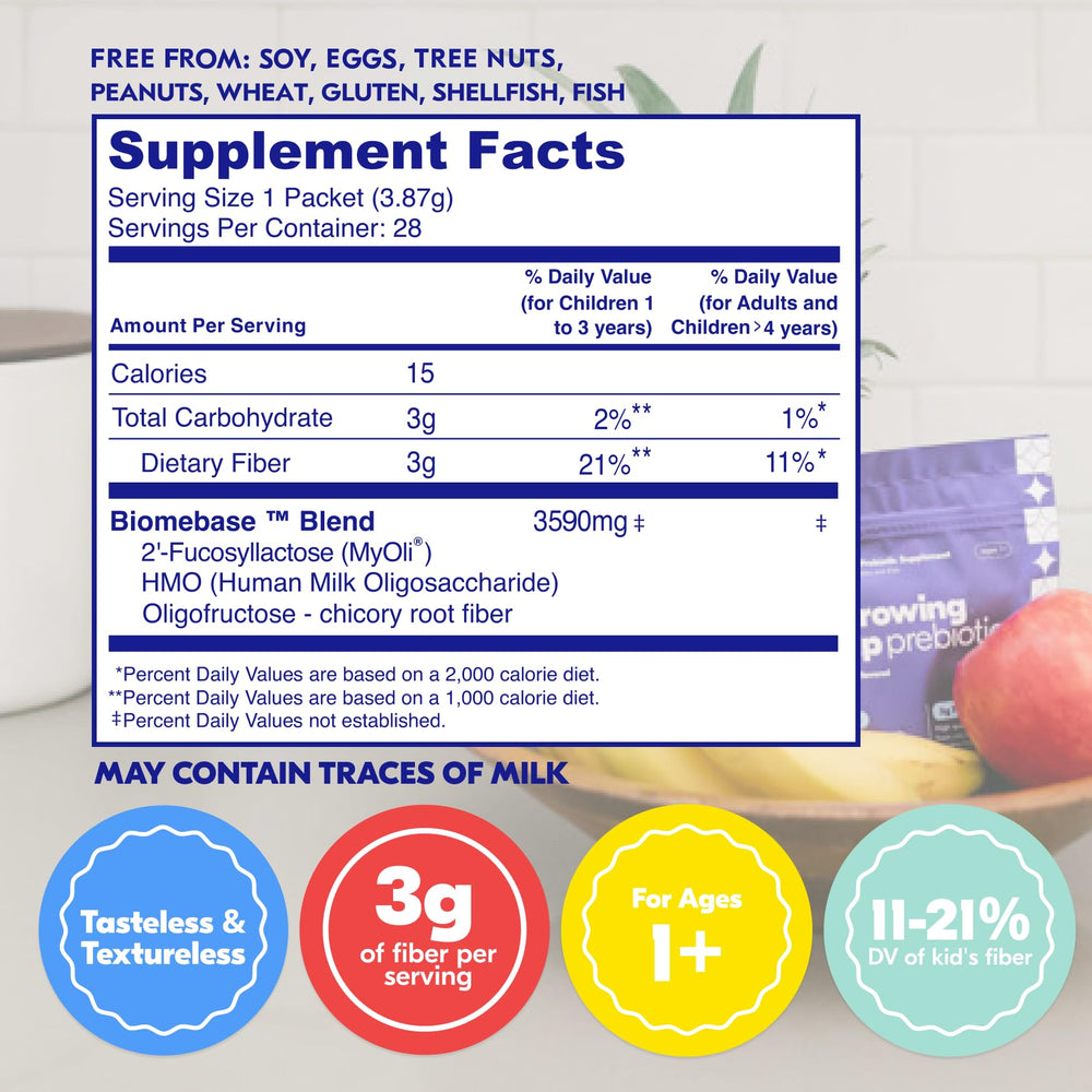 Begin Health Growing Up Prebiotics scoop powder ready for daily use.