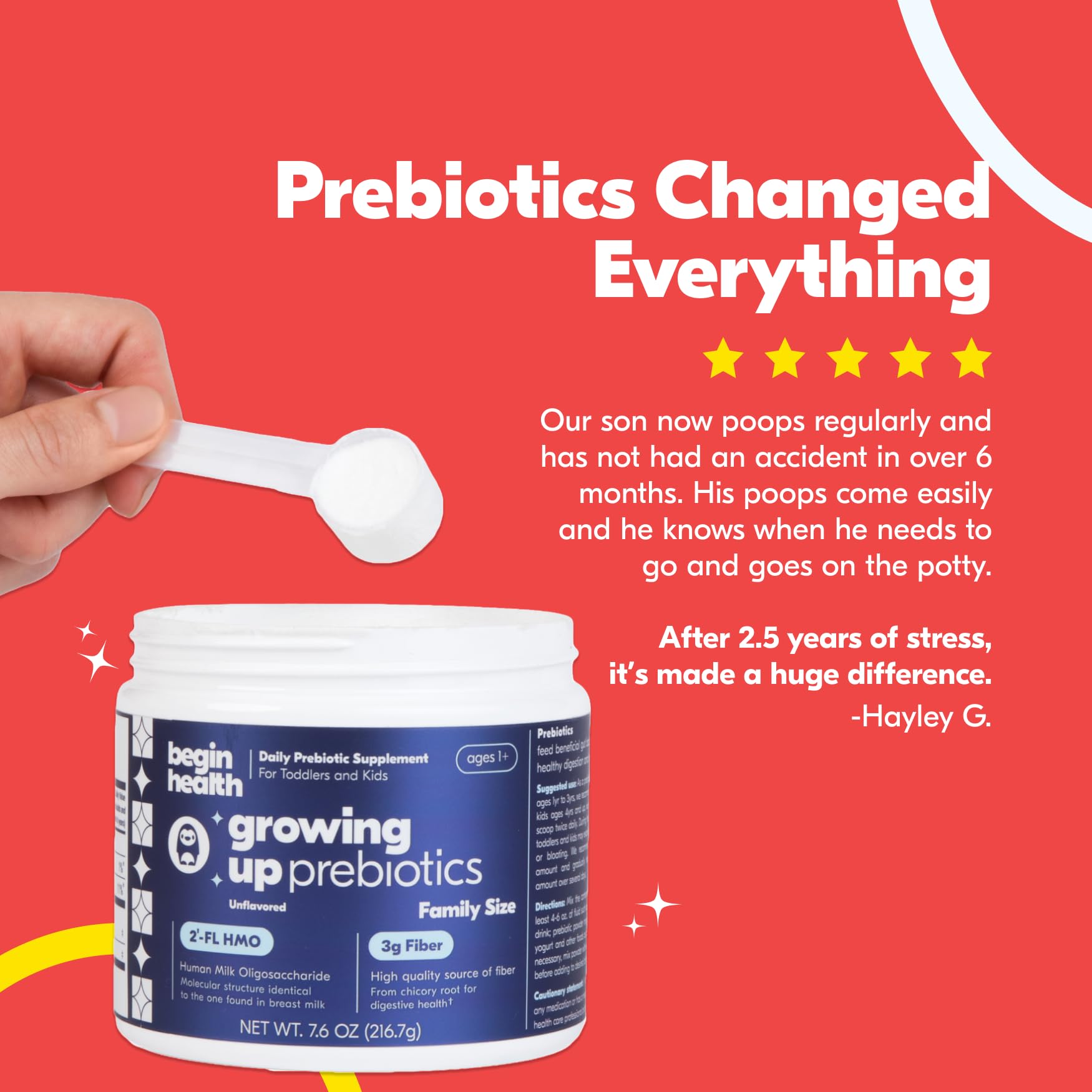 Begin Health Growing Up Prebiotics unflavored powder; disappears in yogurt or smoothies