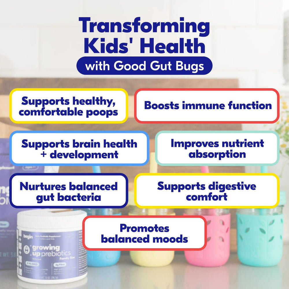 Begin Health Growing Up Prebiotics unflavored powder shown beside soft foods.