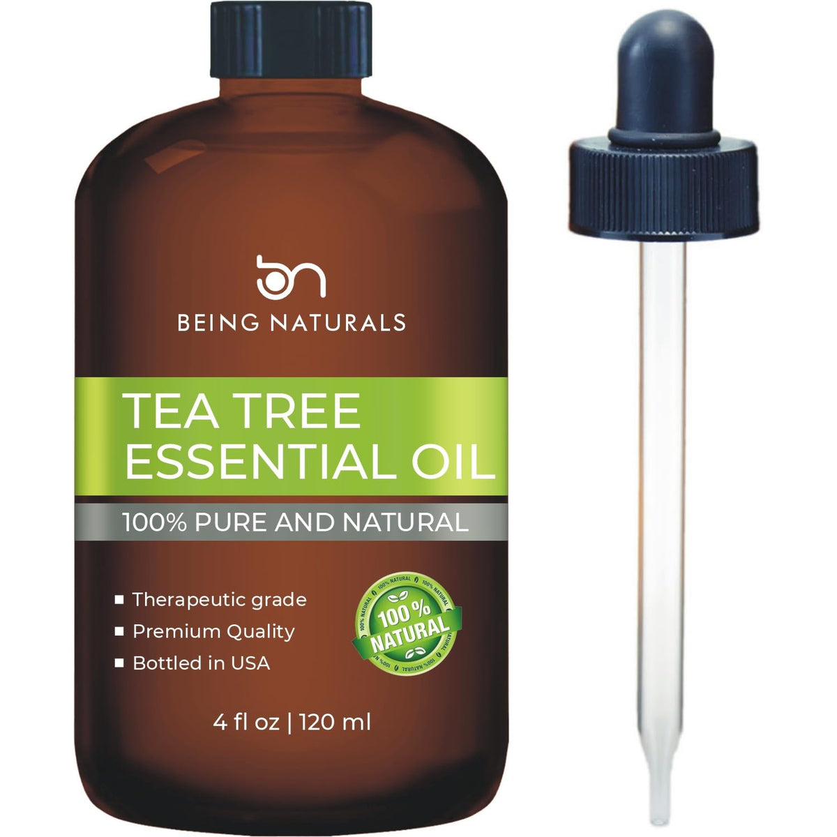 Being Naturals Tea Tree Oil 4oz bottle with glass dropper for precise dosing.