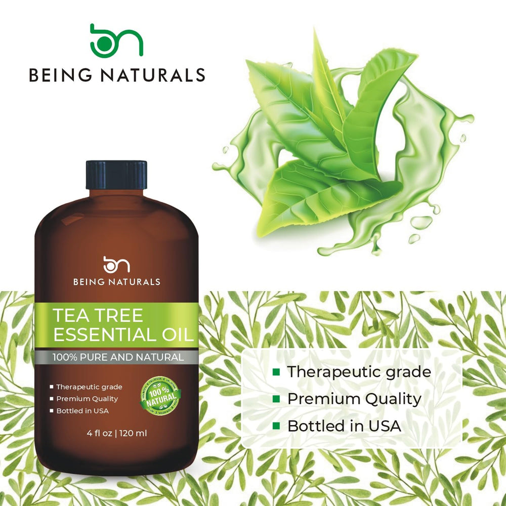 Amber glass bottle protecting potency of Being Naturals Tea Tree Oil.