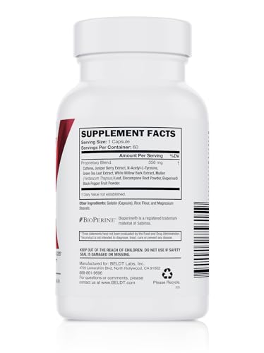 BELDT Labs Skald bottle back with dosage details for steady energy.