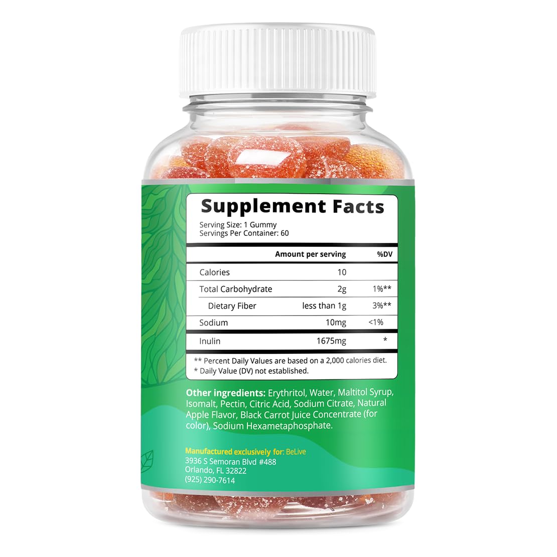 BeLive Fiber Gummies apple flavor bottle back label notes prebiotic chicory and inulin benefits.