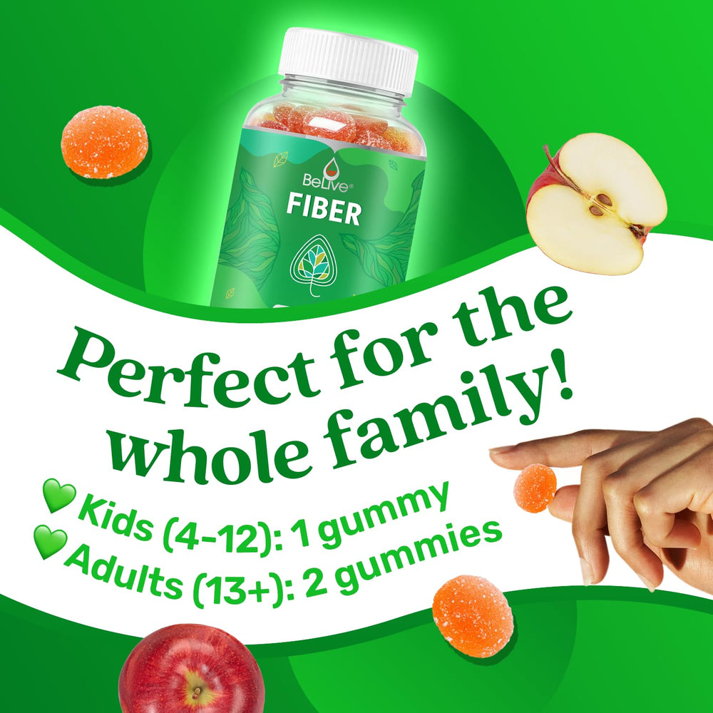 BeLive Fiber Gummies box packaging emphasizes vegan, gluten-free, sugar-free formulation.