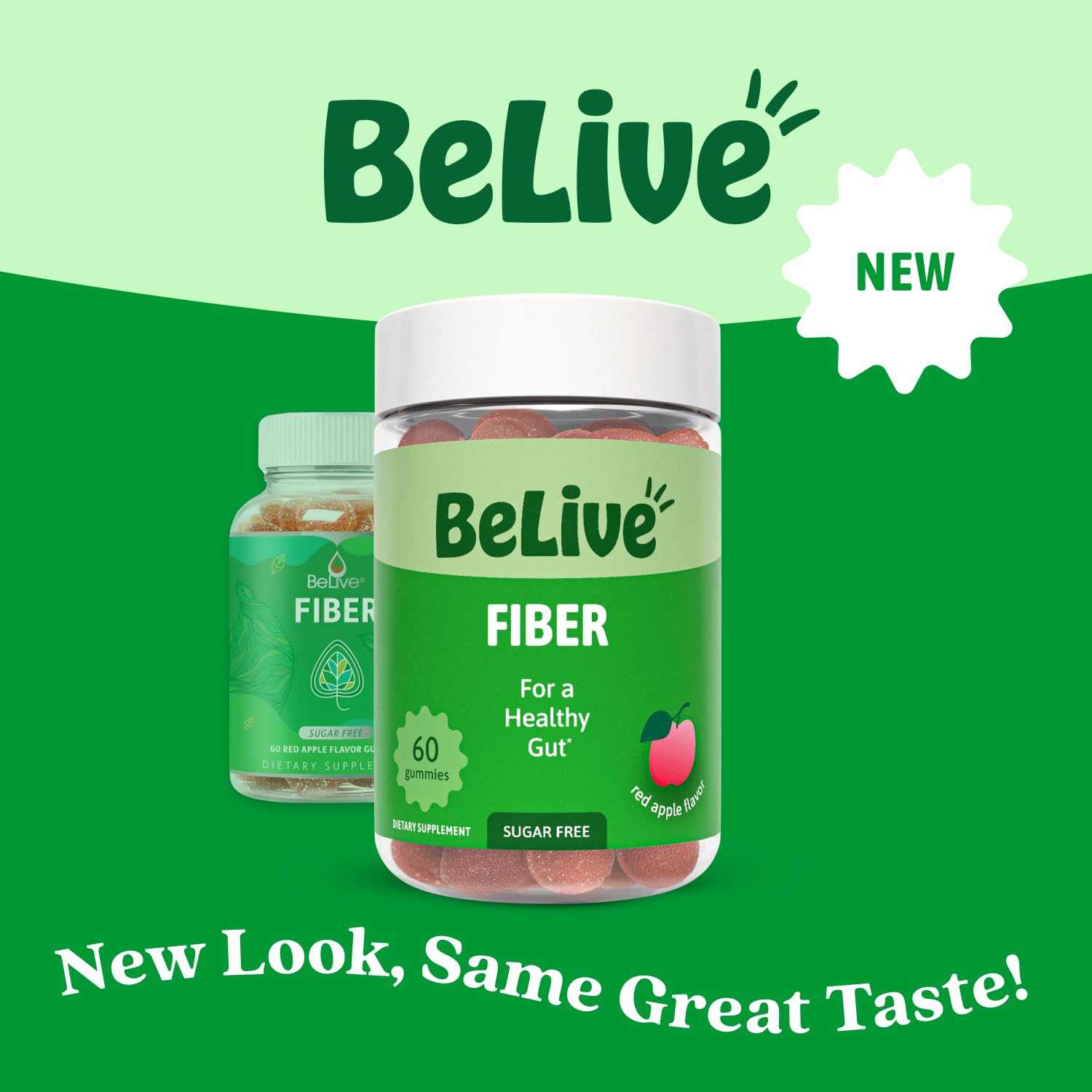 BeLive Fiber Gummies closeup shows red apple flavor and soft chew texture.