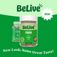 BeLive Fiber Gummies closeup shows red apple flavor and soft chew texture.