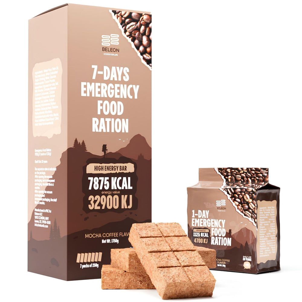 Beleon Coffee Mocha Survival Ration packaging ready for storage.