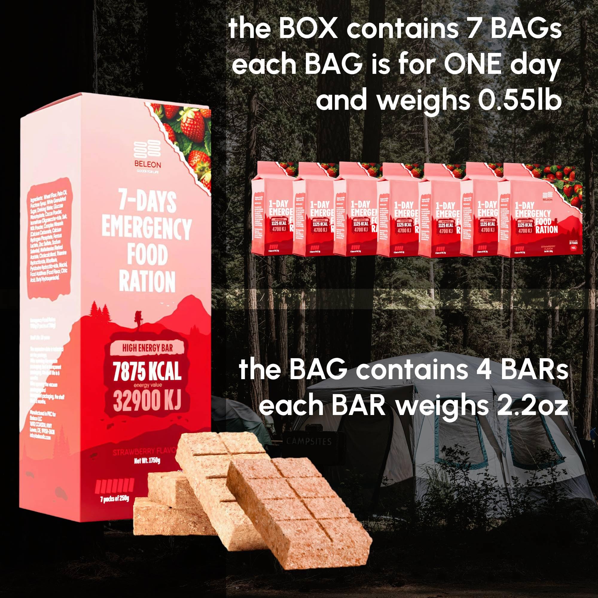 Beleon Survival Ration hiking use shown as essential for outdoor trips.