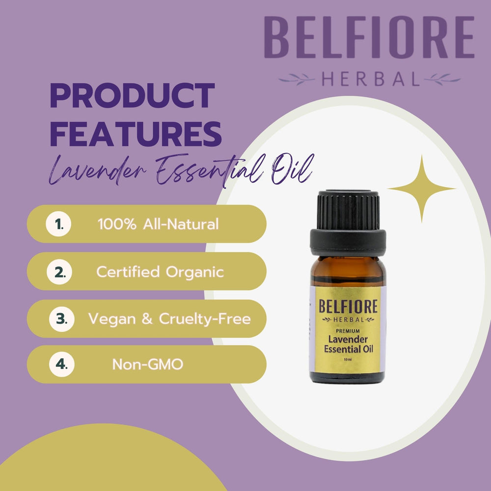 Close-up of Belfiore Herbal Lavender Oil bottle highlighting purity.