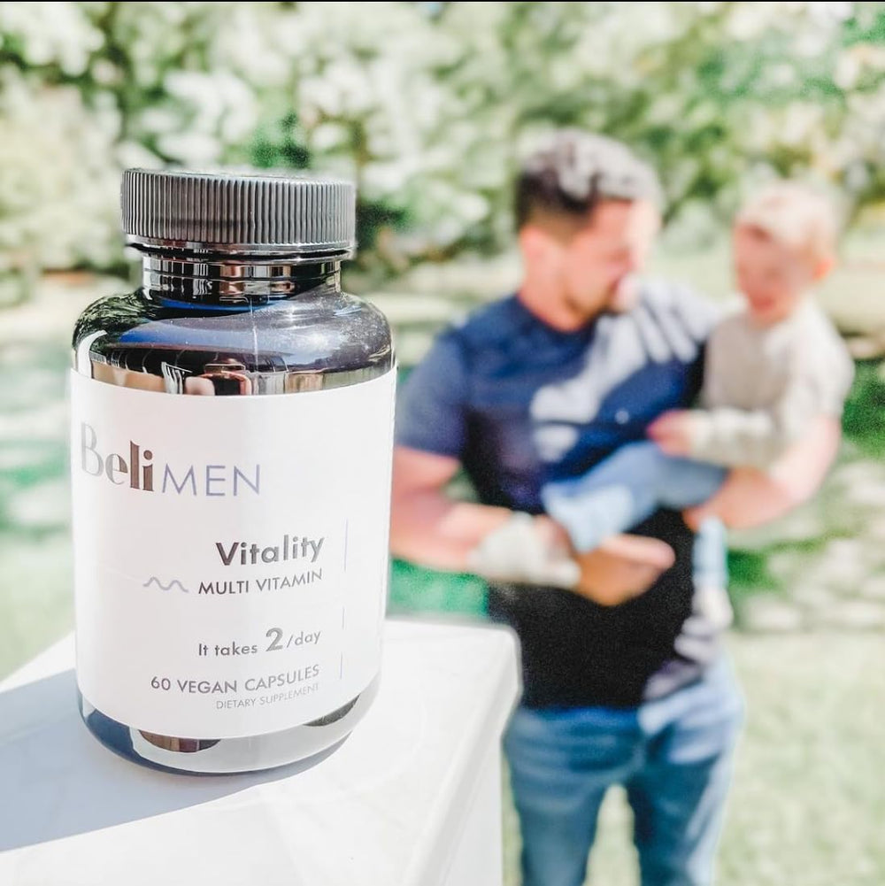 Front view of Beli Men Prenatal Multivitamin packaging.