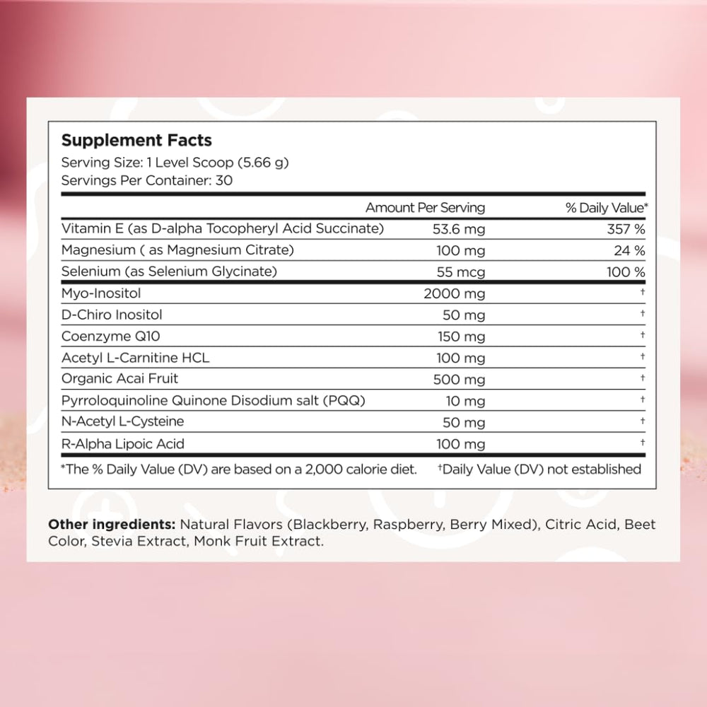 Beli berry powder bottle pour showing convenient drink mix for ovulation support.