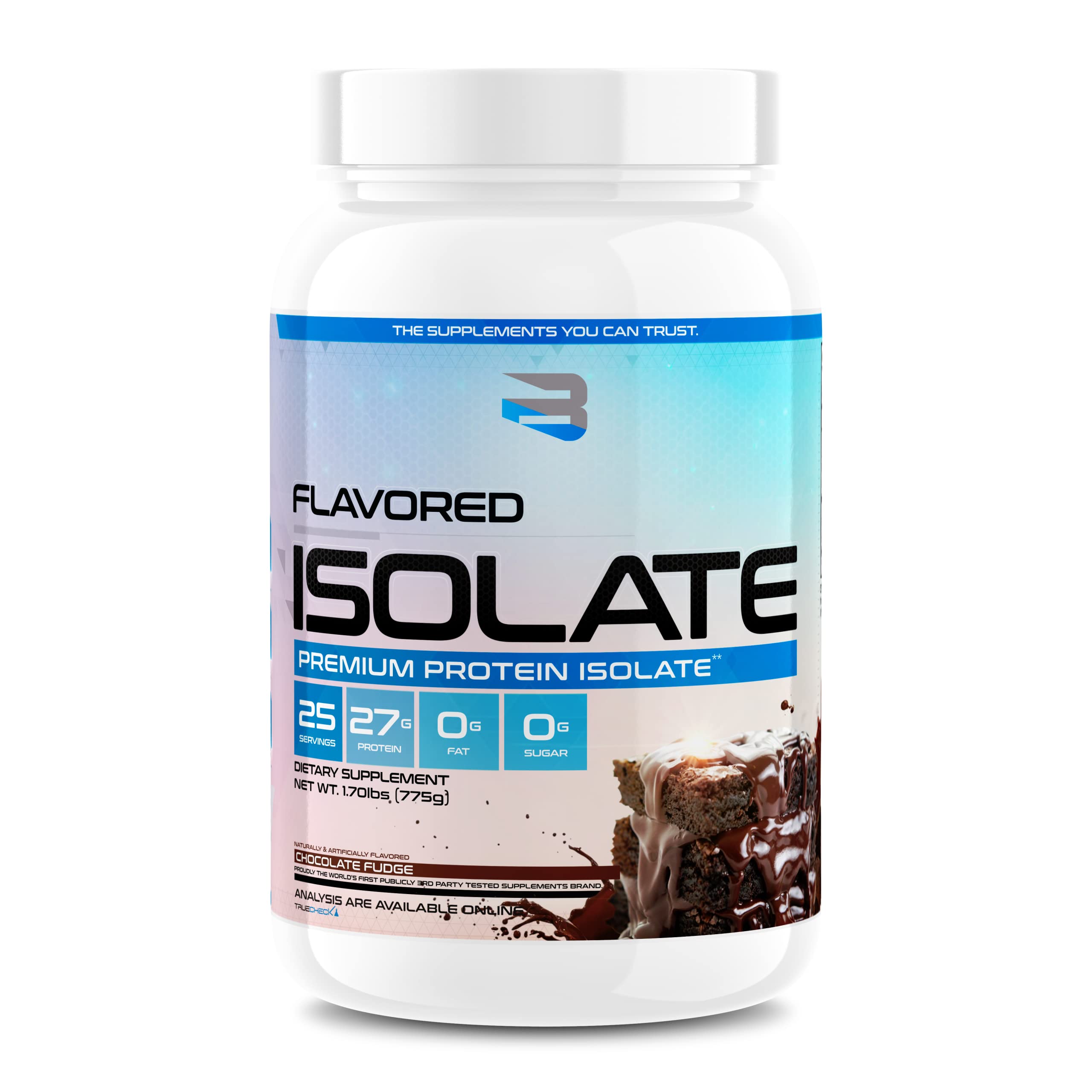 Believe Supplements Flavored Isolate Choco Fudge bottle pour for quick post-workout fueling.