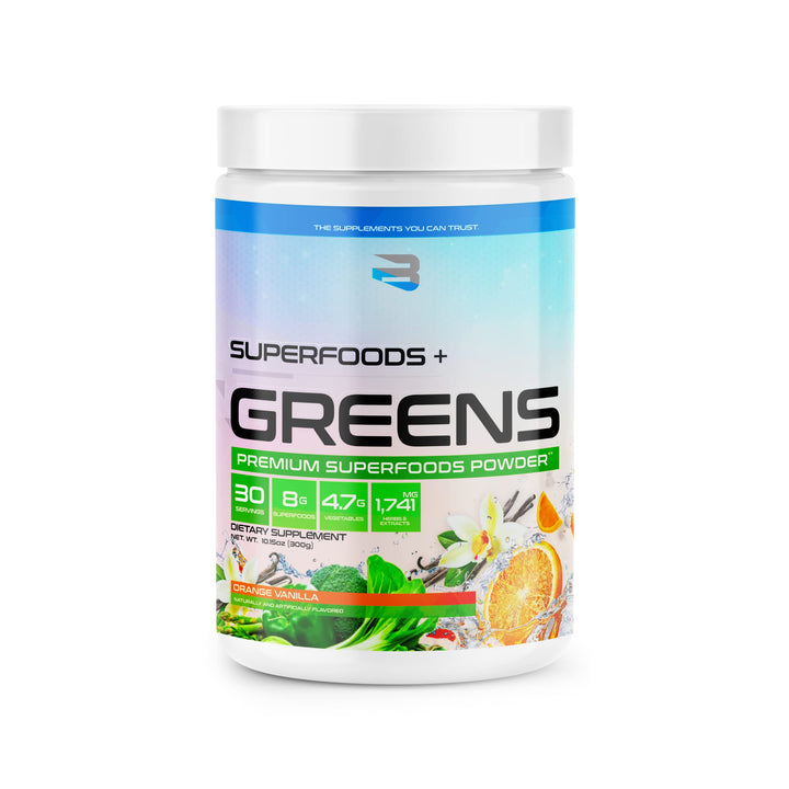 Believe Supplements Superfoods+Greens Orange Vanilla bottle for daily nutrition support
