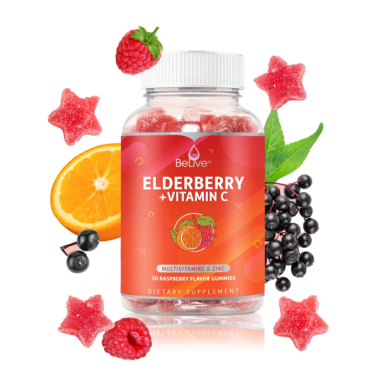 BeLive Elderberry Gummies 50ct bottle on table implies long-lasting daily support option