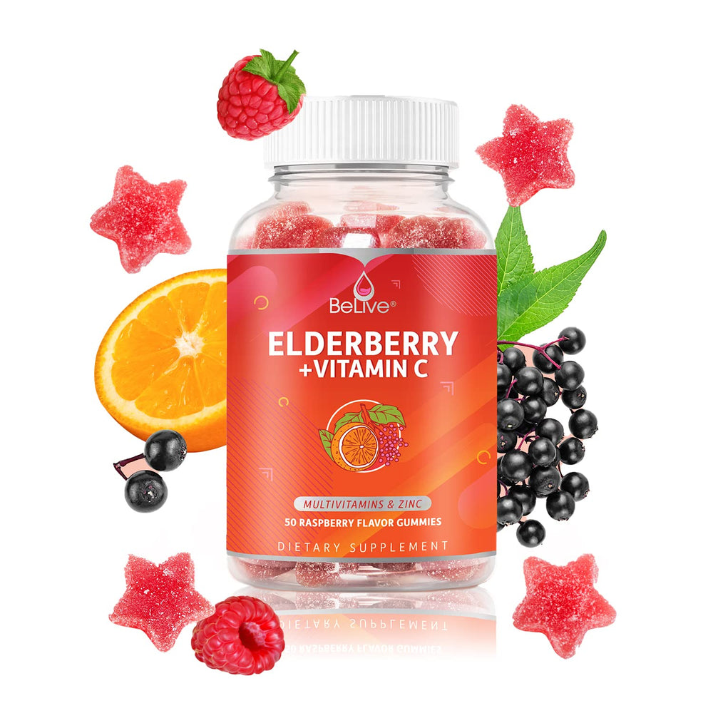BeLive Elderberry Gummies 50ct bottle on table implies long-lasting daily support option