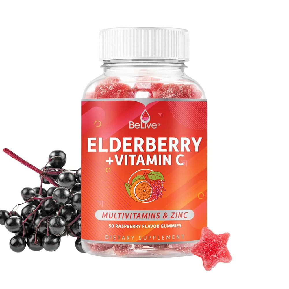 BeLive Elderberry Gummies raspberry bottle side view supports daily immune balance