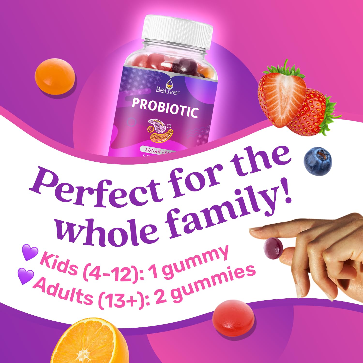 BeLive Probiotic Gummies orange bottle highlights vegan, sugar-free daily option.