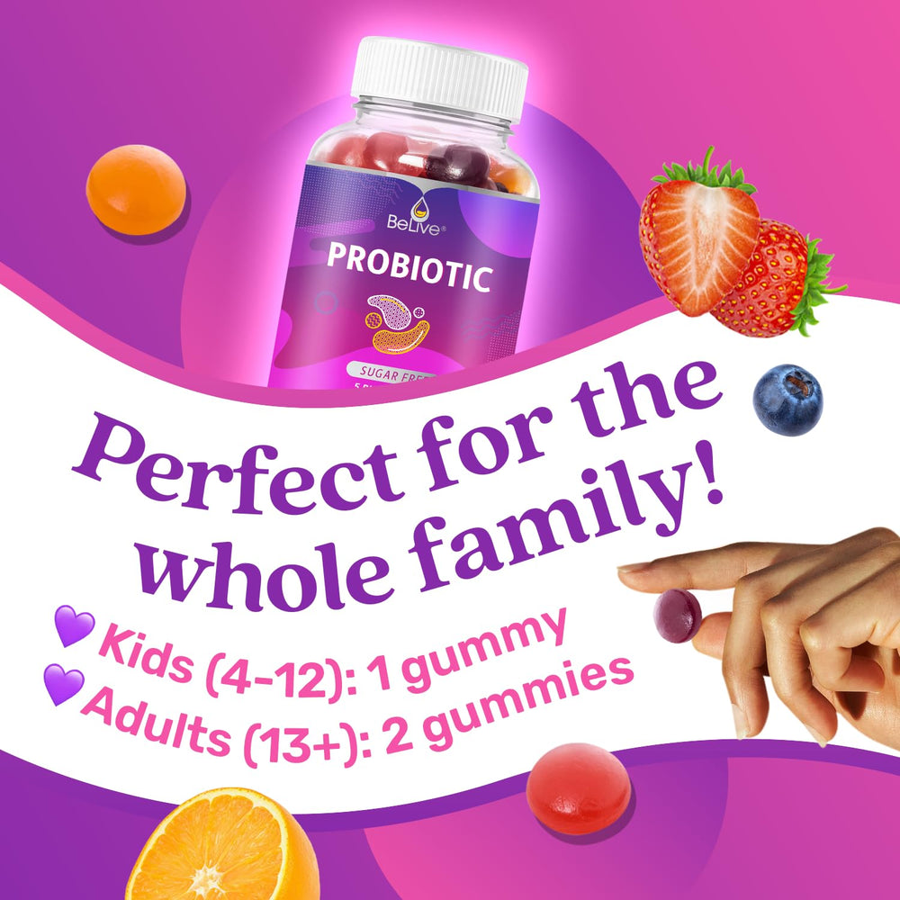 BeLive Probiotic Gummies orange bottle highlights vegan, sugar-free daily option.