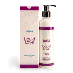 Belká Liquid Love Vanilla Exotique bottle ready for a soothing massage session