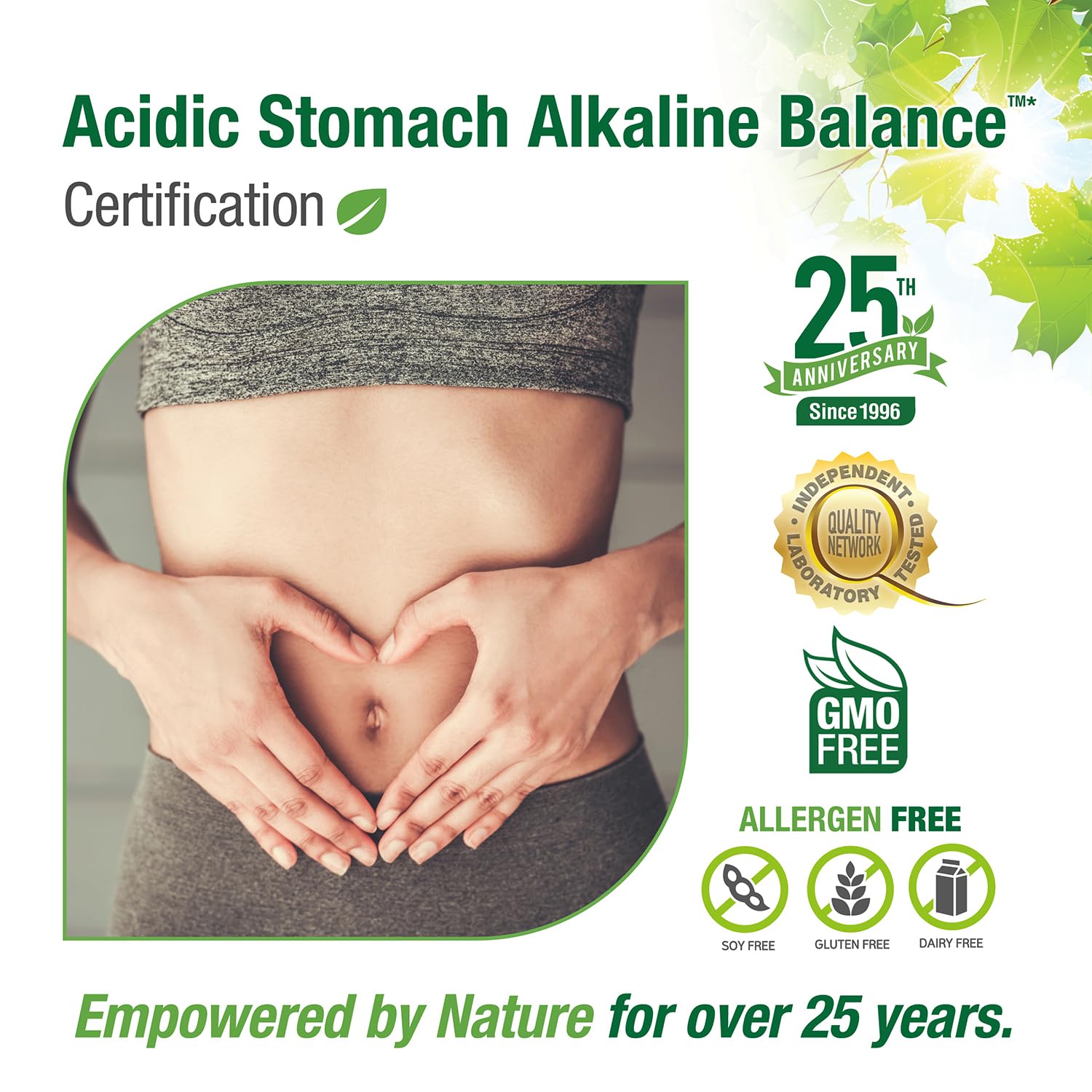 Bell Acidic Stomach Alkaline Balance ingredients scene highlights botanicals and spirulina.