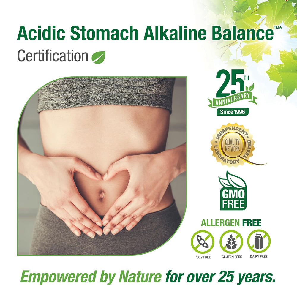 Bell Acidic Stomach Alkaline Balance ingredients scene highlights botanicals and spirulina.