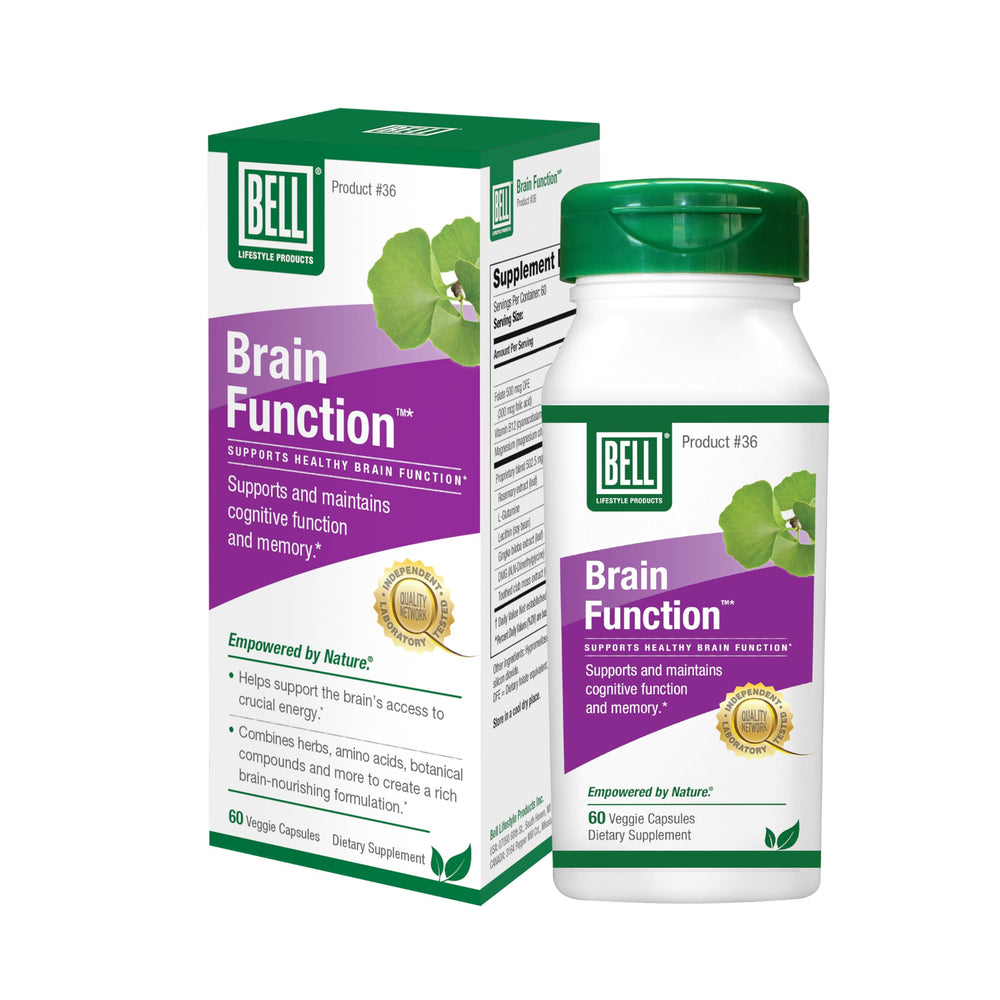 Bell Brain Function bottle label highlights ginkgo and B vitamins for cognitive support.