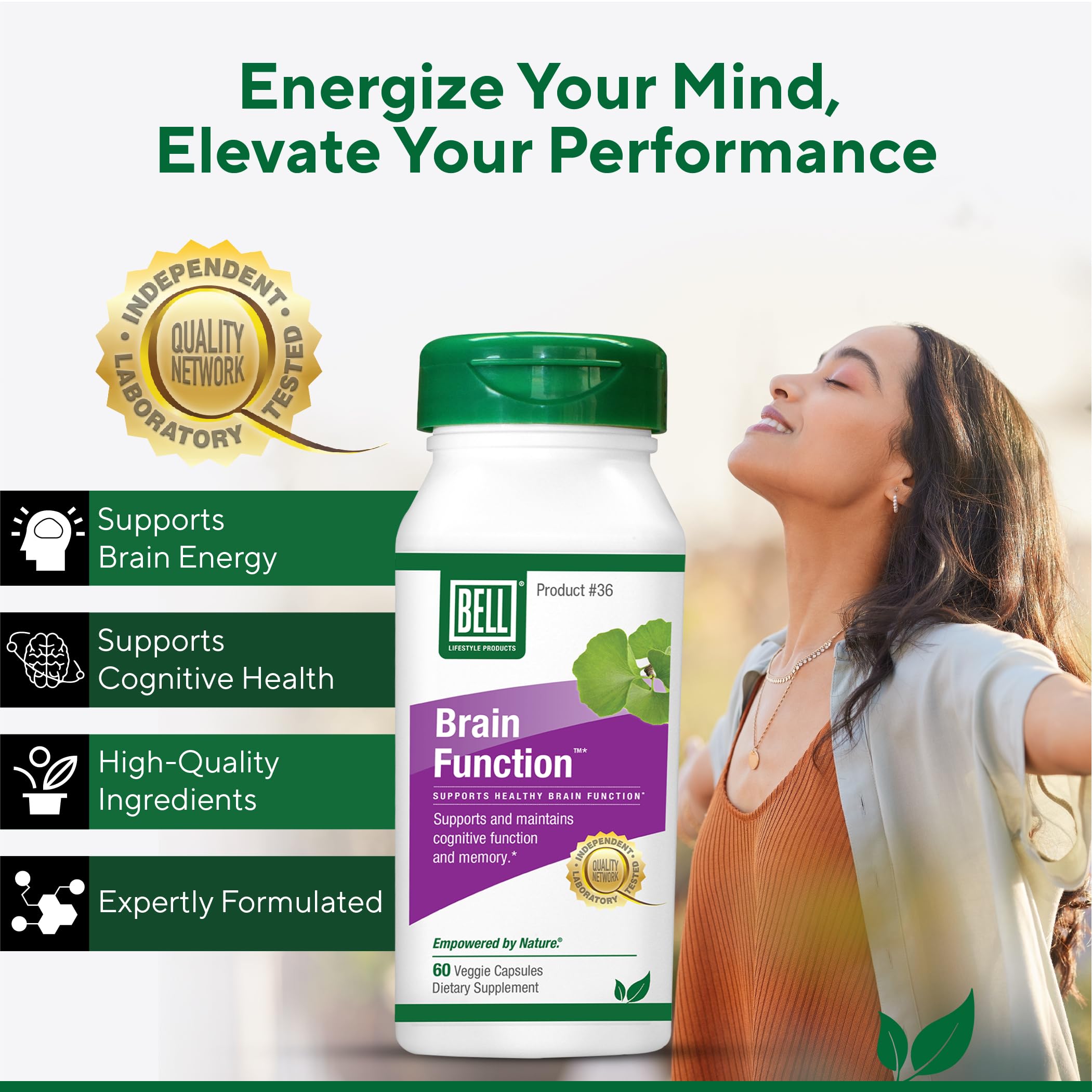 Bell Brain Function with ginkgo leaves illustration suggests natural cognitive support.