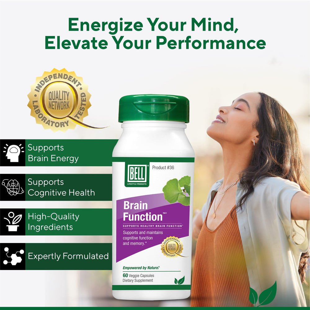 Bell Brain Function with ginkgo leaves illustration suggests natural cognitive support.
