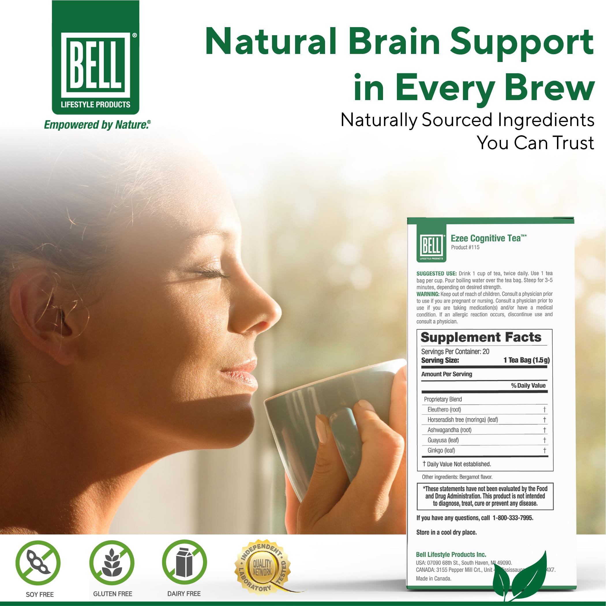 Bell Ezee Cognitive Tea box front highlighting vegan blend