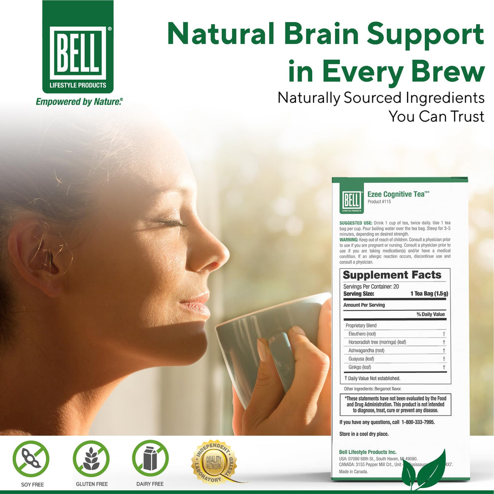 Bell Ezee Cognitive Tea box front highlighting vegan blend