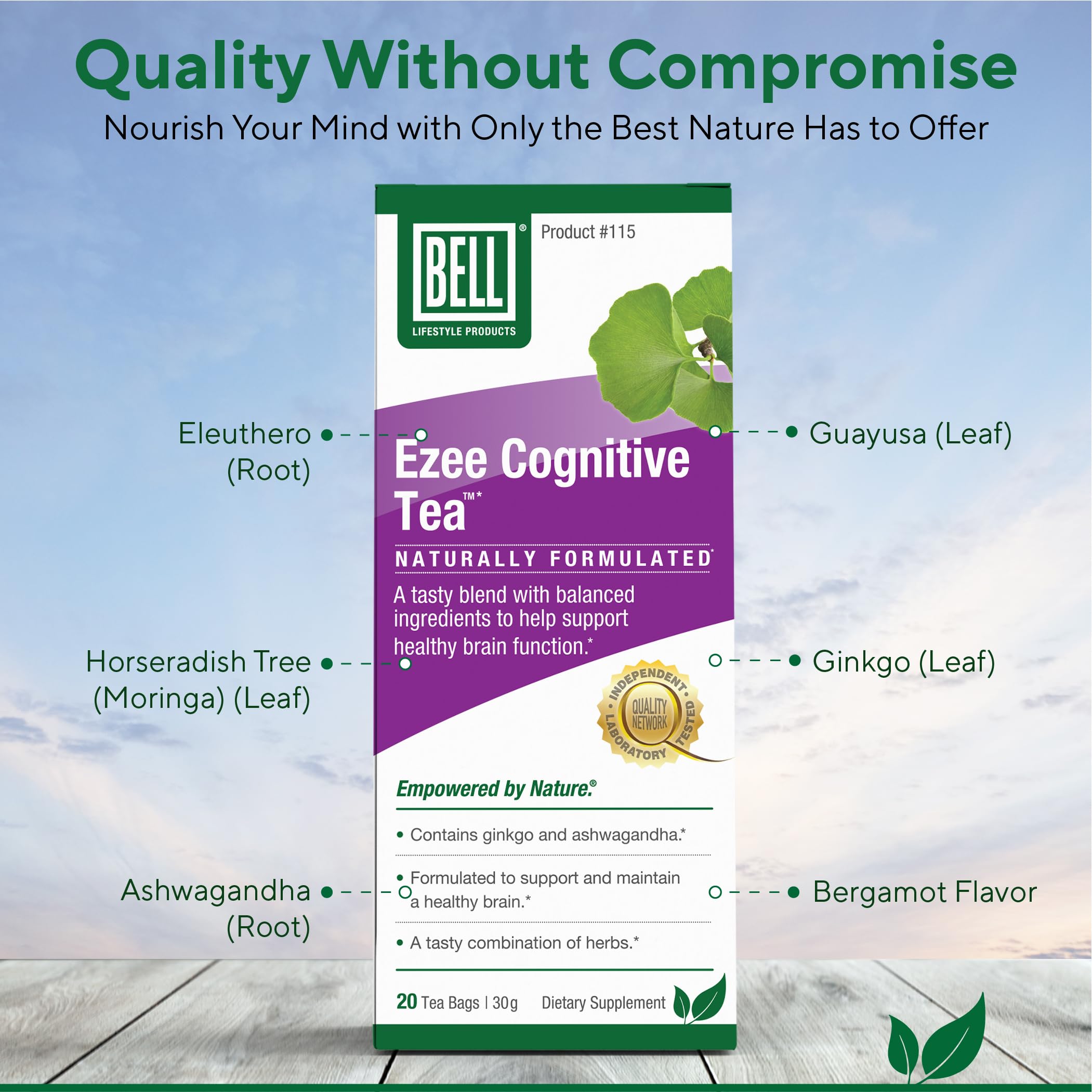 Bell Ezee Cognitive Tea herbal mix with spoon