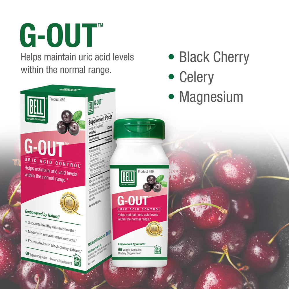 Bell G-Out capsules closeup, featuring natural black cherry and celery seed