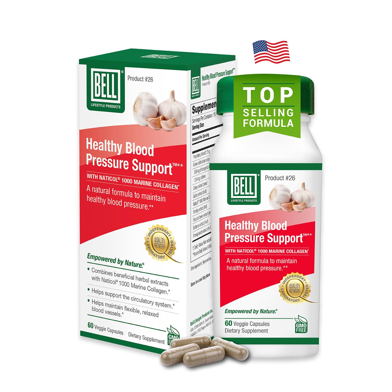Bell Healthy Blood Pressure Support bottle with vegetarian capsules for daily wellness.