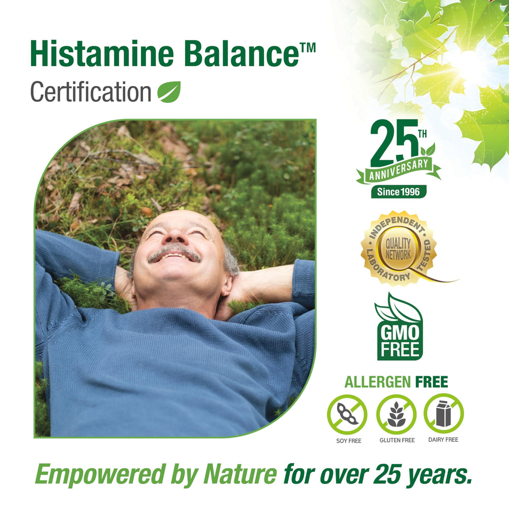 Bell Histamine Balance allergen-free label, signaling dairy/gluten/soy-free convenience.