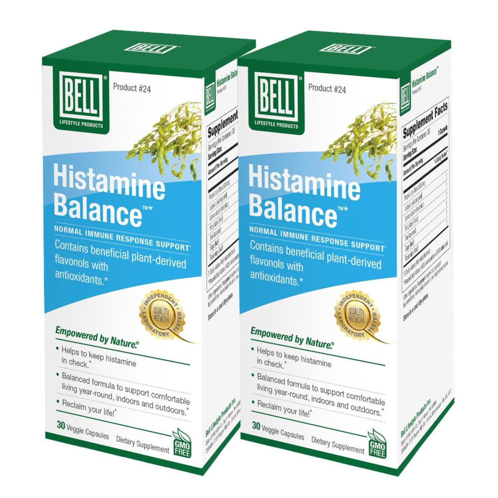 Bell Histamine Balance bottle front, suggesting year-round holistic support for comfortable breathing and clarity.