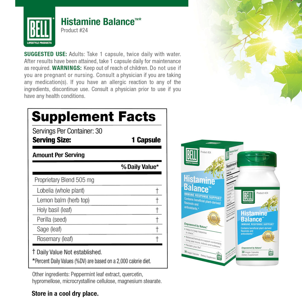 Bell Histamine Balance capsule pour, showing convenient daily wellness ritual.