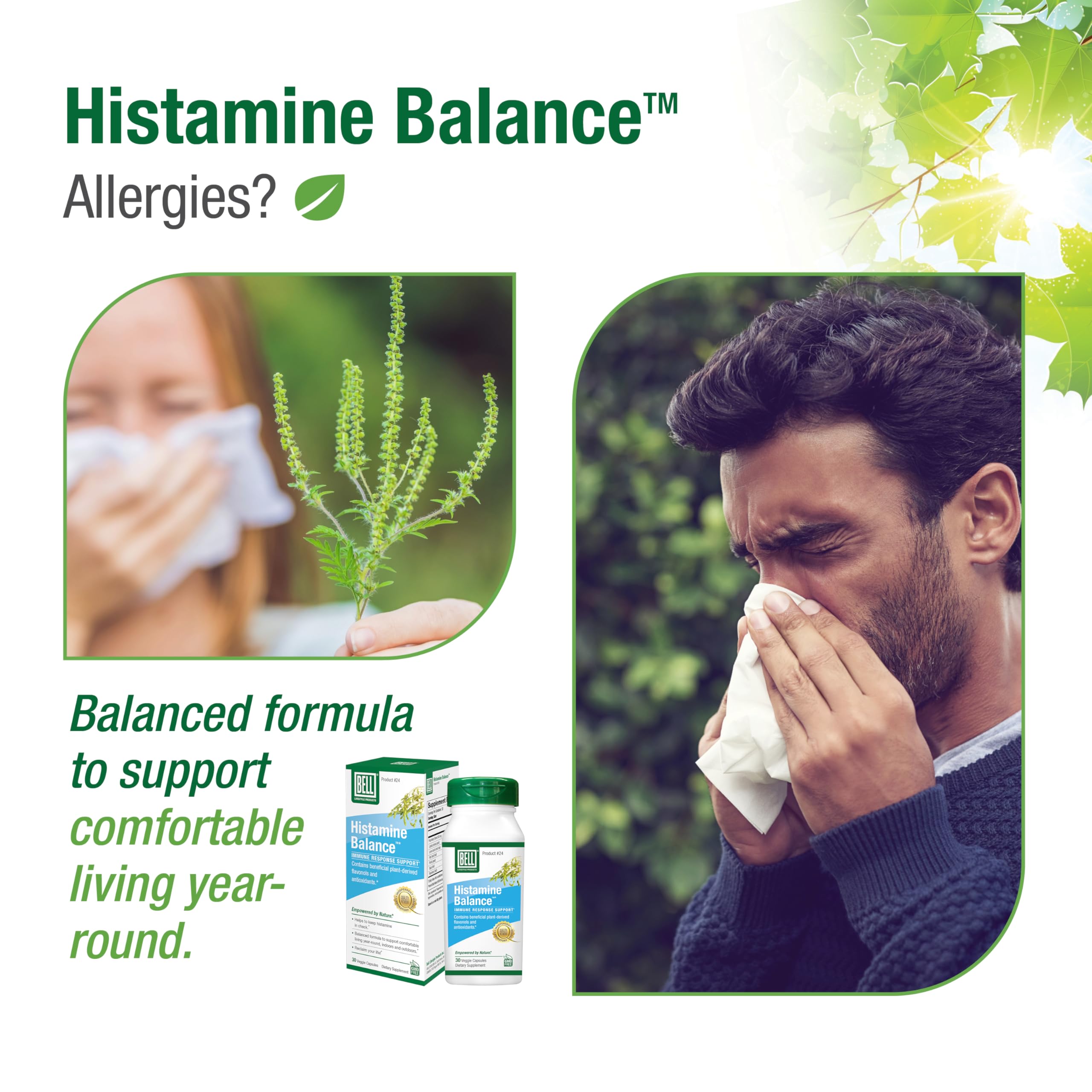 Bell Histamine Balance capsules closeup, veggie capsules designed for easy swallowing and lifestyle integration.