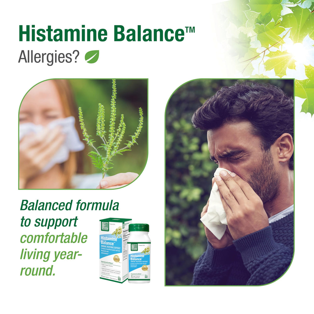 Bell Histamine Balance capsules closeup, veggie capsules designed for easy swallowing and lifestyle integration.