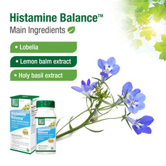 Bell Histamine Balance packaging label, highlighting allergen-free dairy, gluten, soy, GMO-free formula.